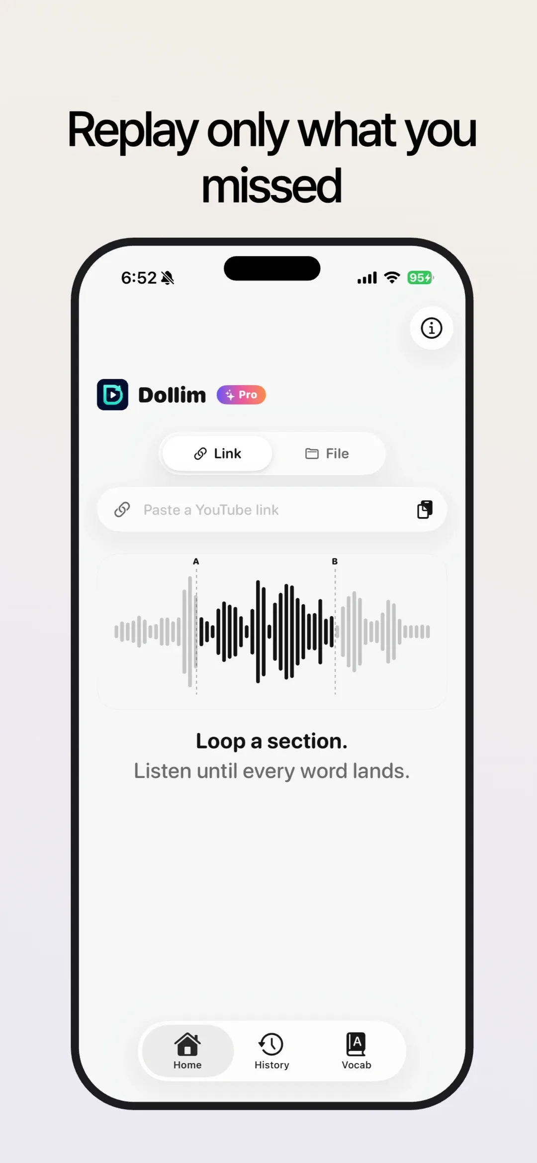 Dollim — Section-loop listening that trains your ear.